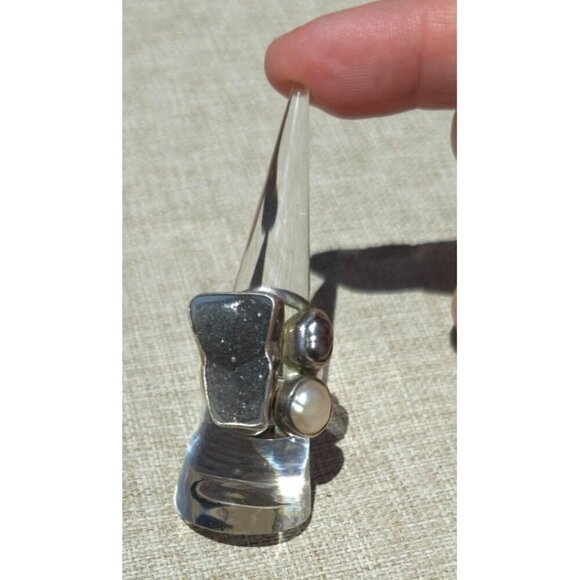 Vintage Brutalist 925 Silver Ring Black Druzy Quartz & Pearls Size 6-3/4 to 7 - Picture 4 of 16